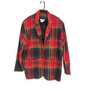 Retro Wool Plaid Jacket L Red Festive Holiday Classic Chic Preppy Striped Checks